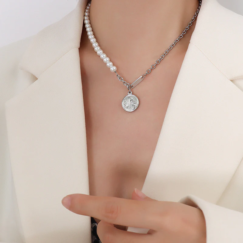 Double Sided Coin Pendant Half Pearl Half Chain Necklace