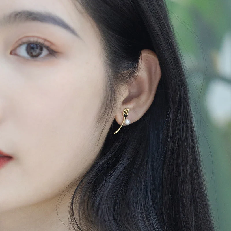 Asymmetric Fork And Spoon Pearl Earrings