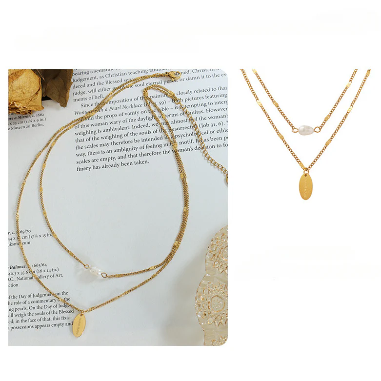 Oval Plate and Pearl Pendant Stacked Two Layered Necklace