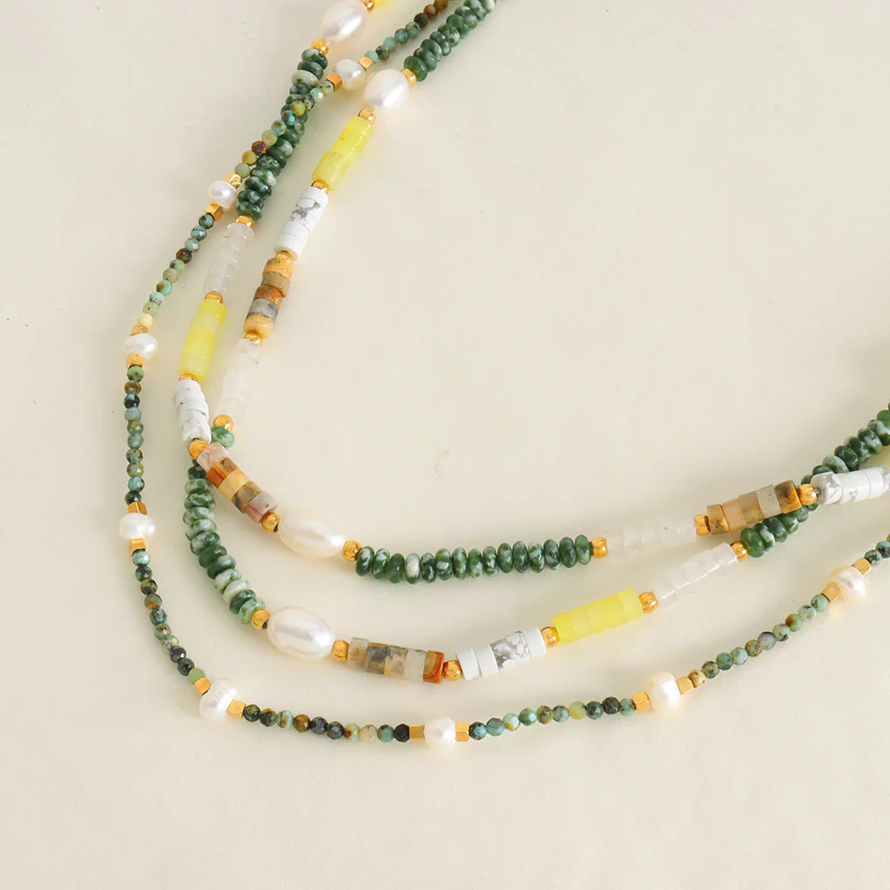 Natural Turquoise Agate White Fossil Pearl Beaded Necklaces