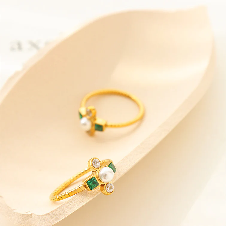 Emerald Zircon and Pearl Cross Ring