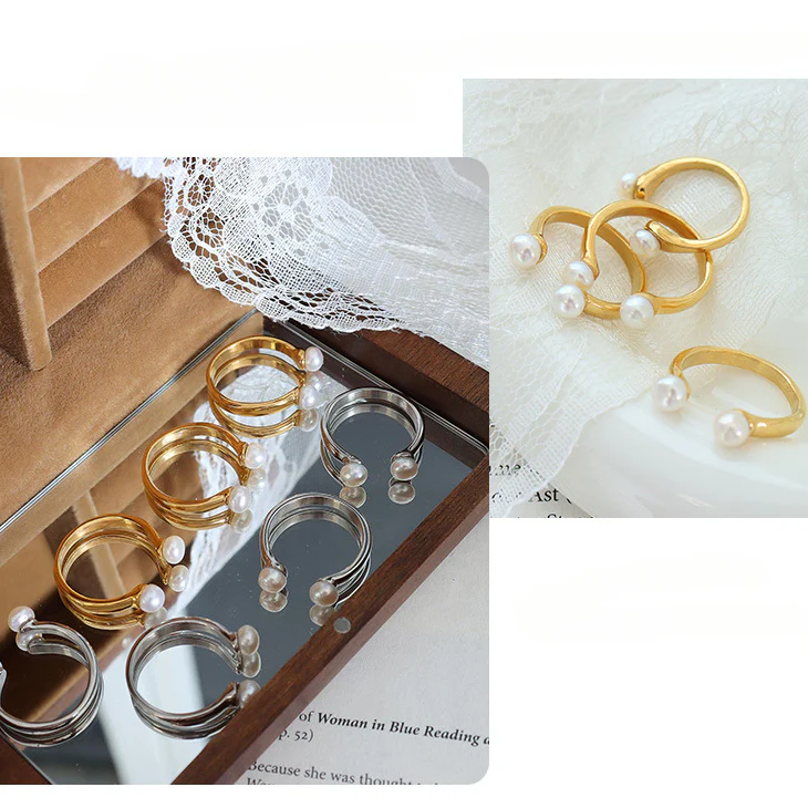 Open Mouth Inlay Two Pearls Ring