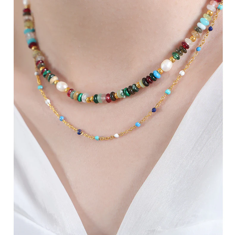 Pearl and Stone Necklace Bracelet Set