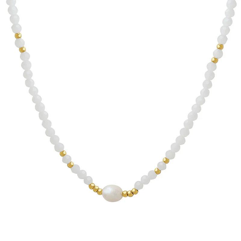 White Glass Beads and Freshwater Pearl Beaded Necklace