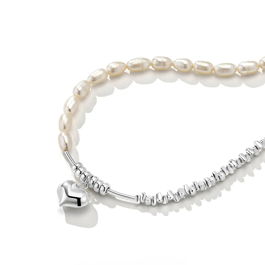 Half Pearl Half Silver Block Chain Heart Pendant Necklace Bracelet Set