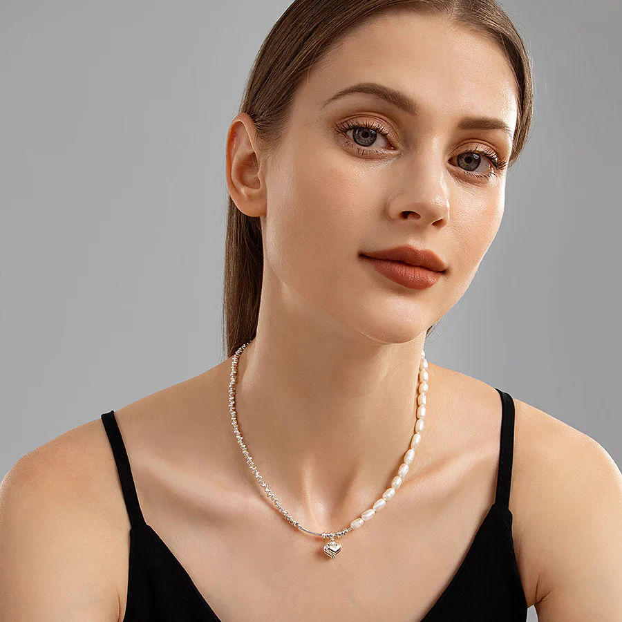 Half Pearl Half Silver Block Chain Heart Pendant Necklace Bracelet Set