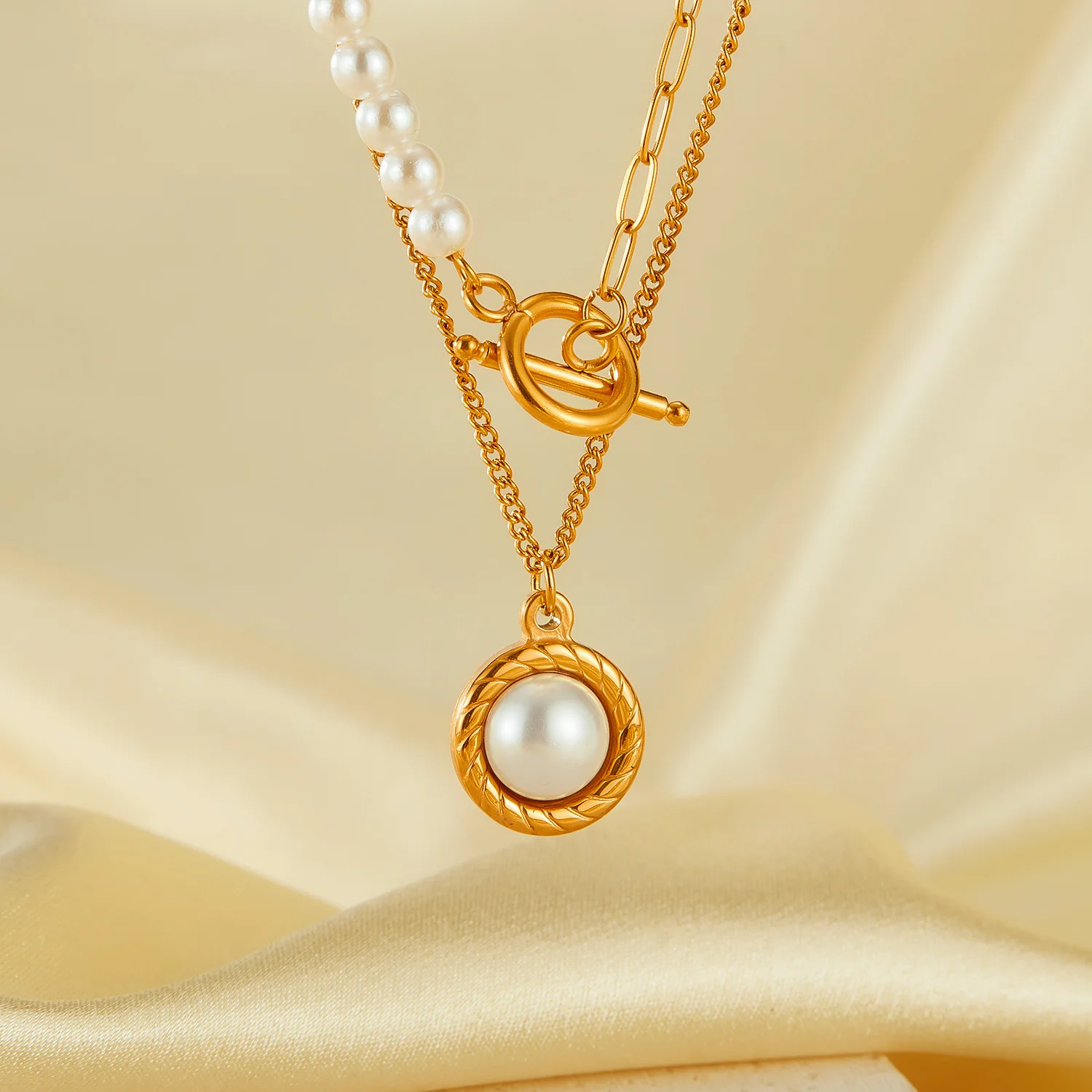 Pearl and OT Clasp Pendant Two Layers Stacked Necklace