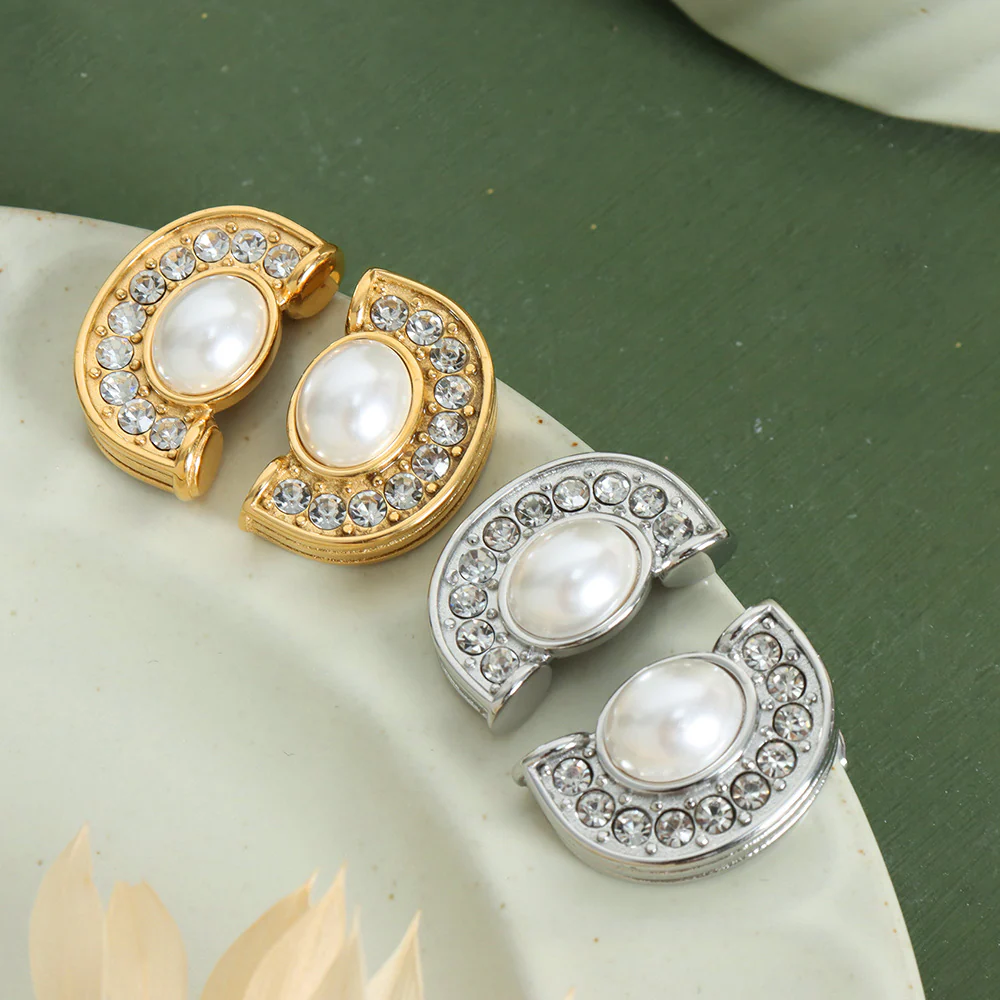 Charming Half Round Pearl and Diamond Earrings