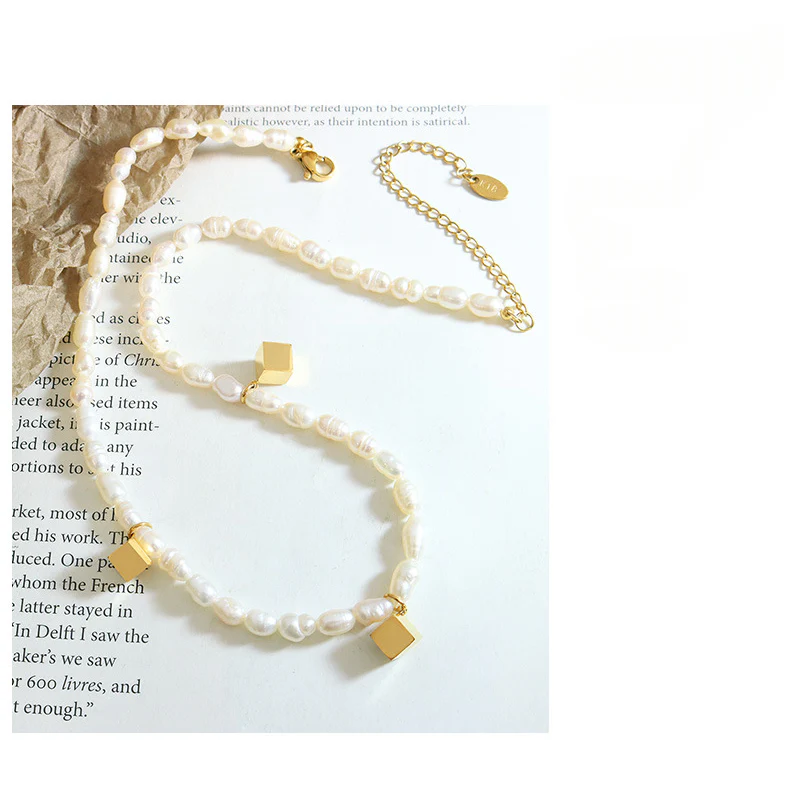 Gold Cube Charms Freshwater Pearl Necklace