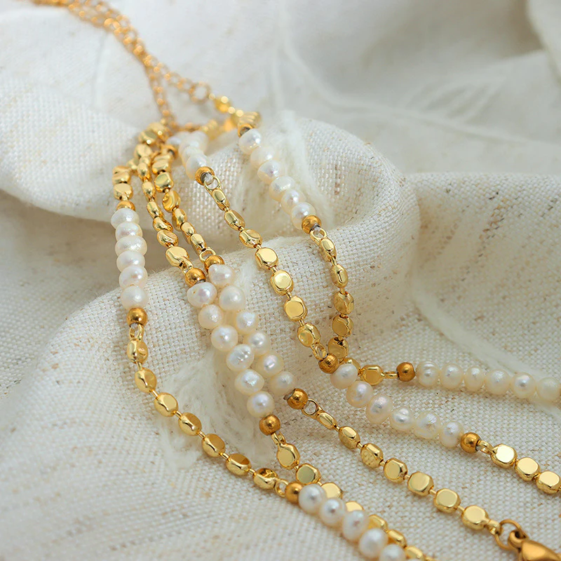 Flat Gold Beads and Freshwater Pearl Bracelet