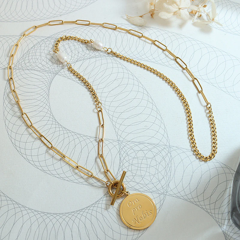 OT Clasp Vintage Coin Pendant Long Paperclip Sweater Necklace