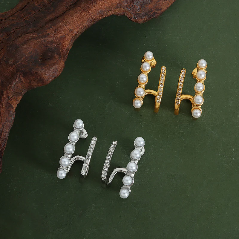 C Shape Pearl and Diamond Earrings