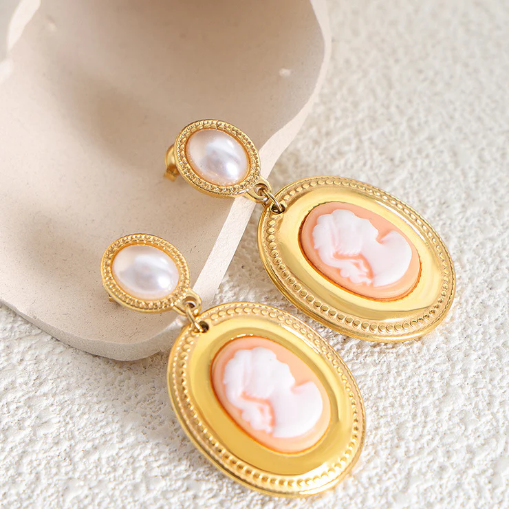 Oval Portrait Drop Pearl Stud Earring