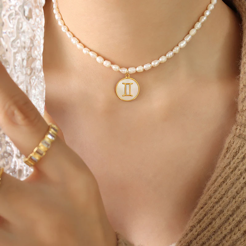 12 Constellation Zodiac Sign Round Pendant Freshwater Pearl Necklace