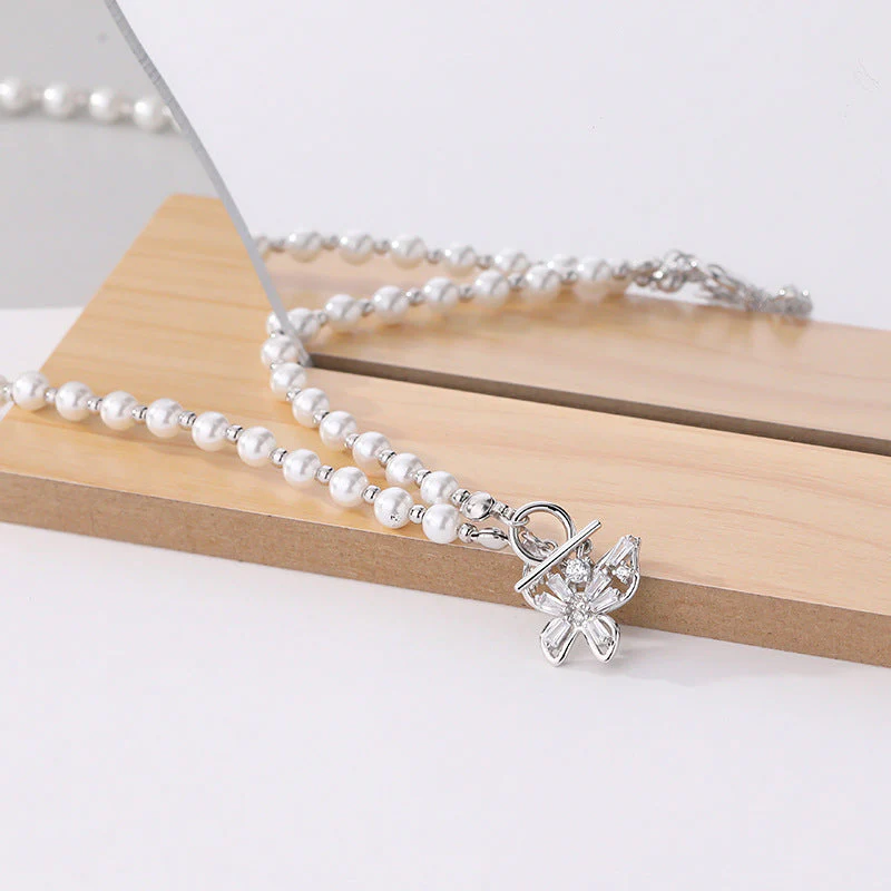 Zircon Butterfly Pendant Pearl Necklace