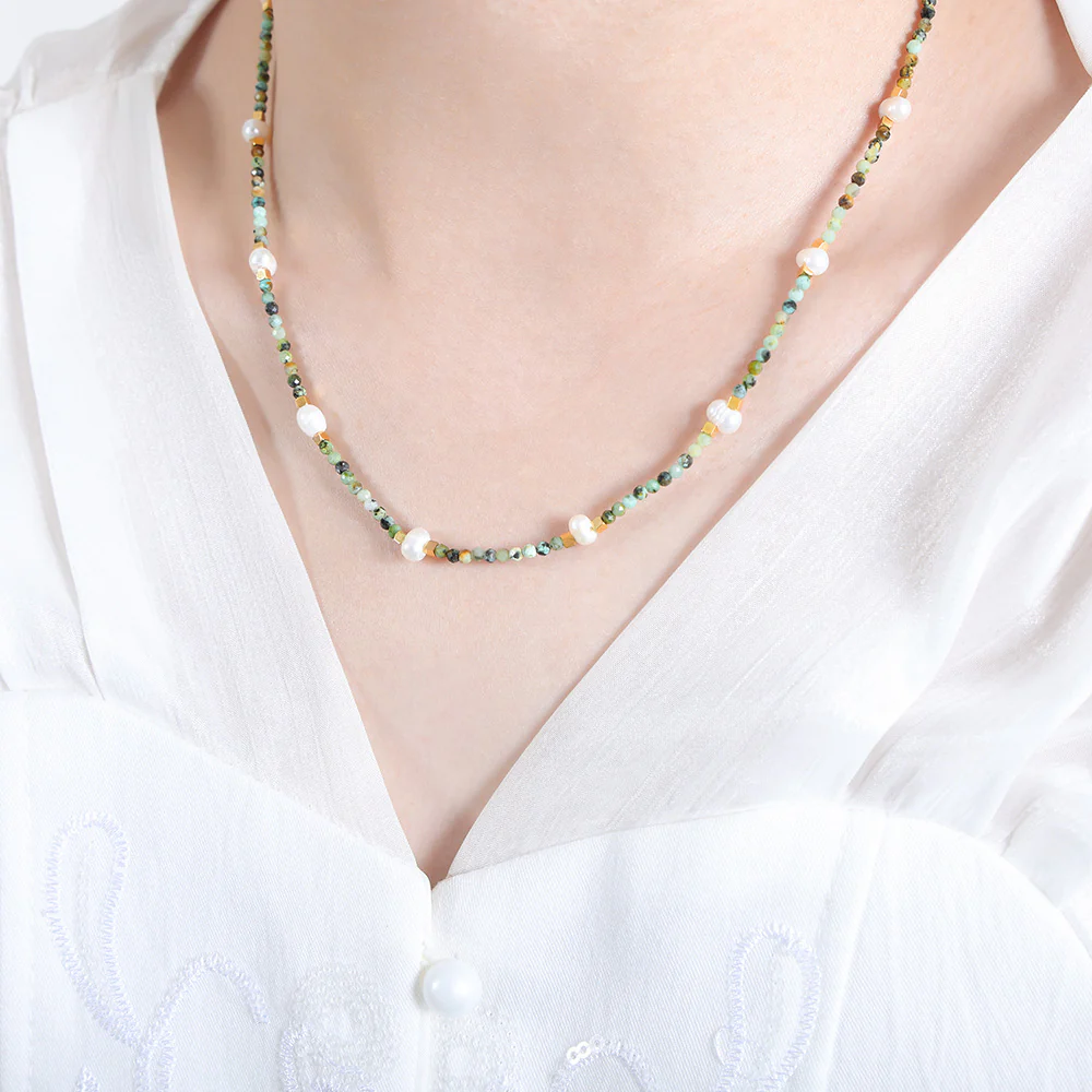 Natural Turquoise Agate White Fossil Pearl Beaded Necklaces