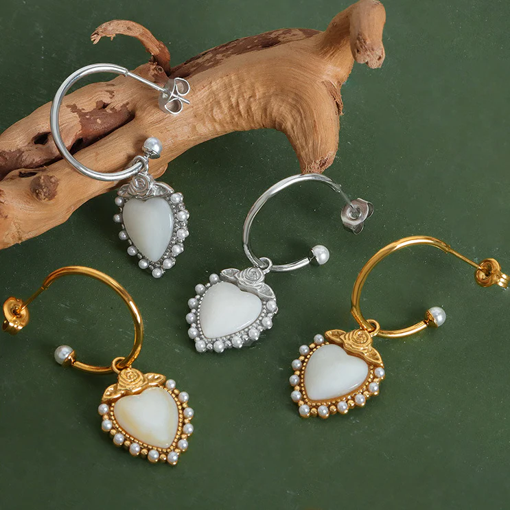 Rose and Pearls Adorned Heart Earrings