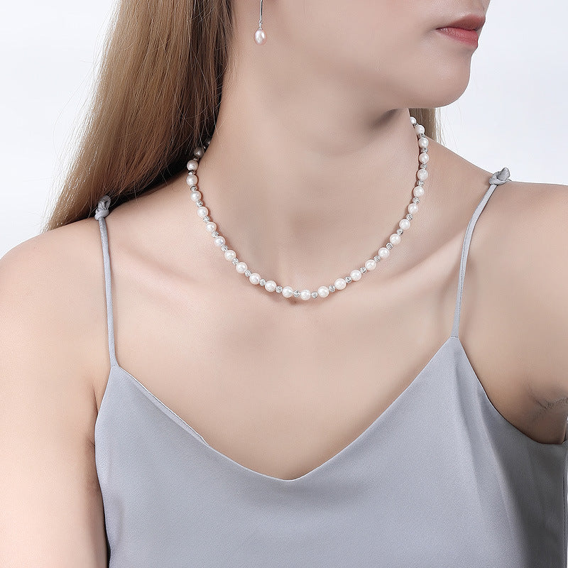 Gold Silver Bead and Freshwater Pearl Necklace