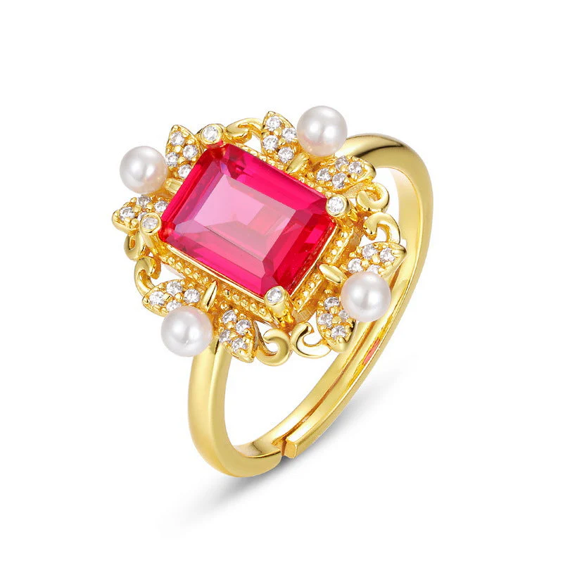 Retro Court Style Ruby and Pearl Ring