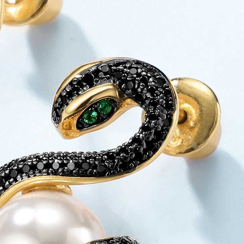 Pearl and Black Snake Earrings