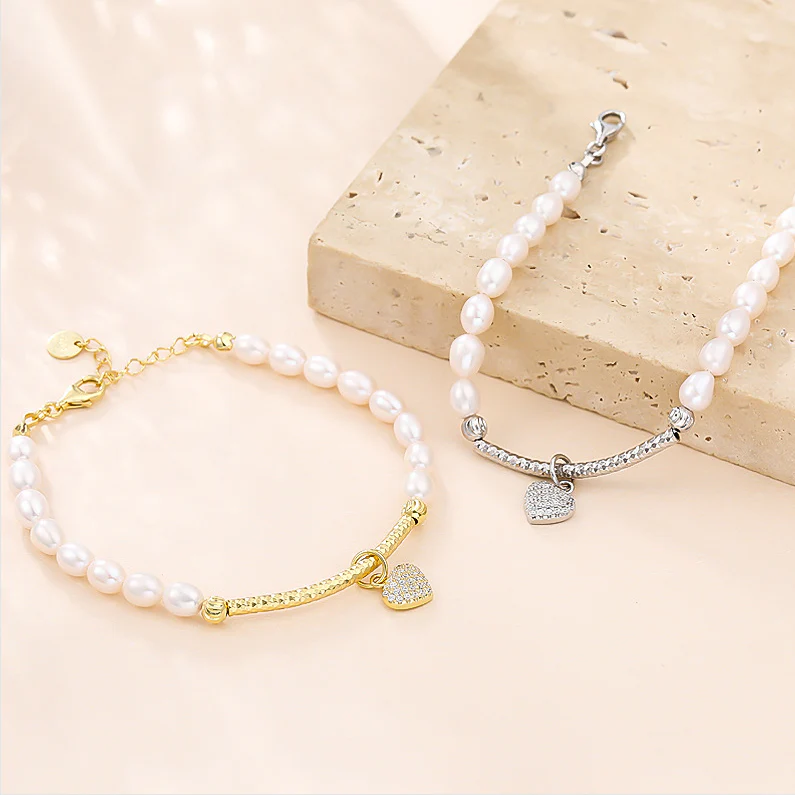 Rice Pearl Bracelet With Love Heart Charm