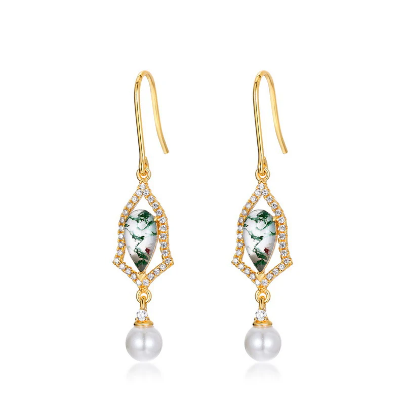 Hook Pearl Dangle Moss Agate Earrings