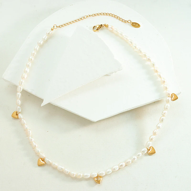 Gold Heart Charms Freshwater Pearl Necklace