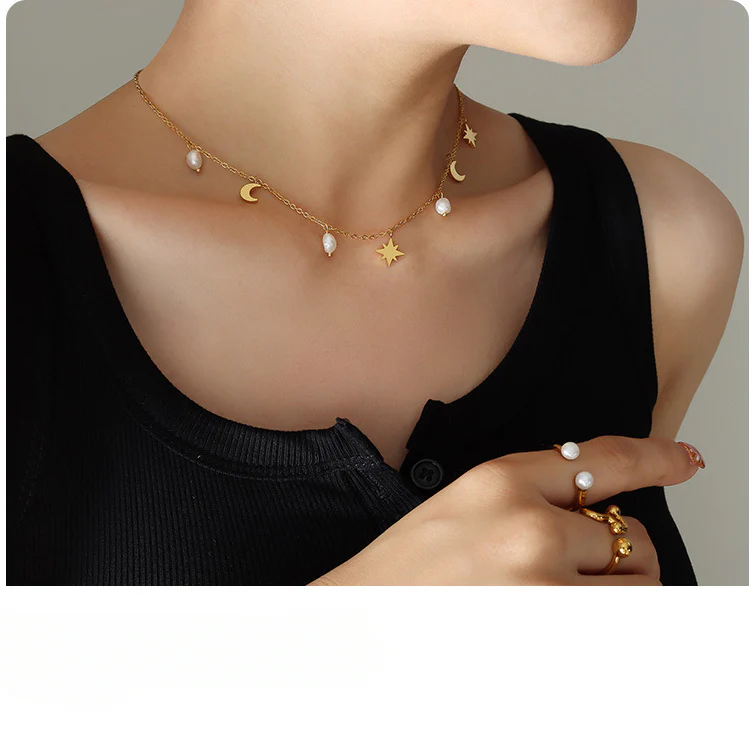 North Star Moon Pearl Necklace With Charms