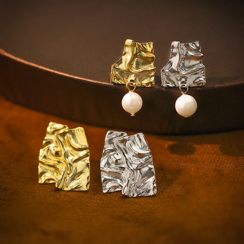 Asymmetrical Tin Foil Pearl Drop Earrings