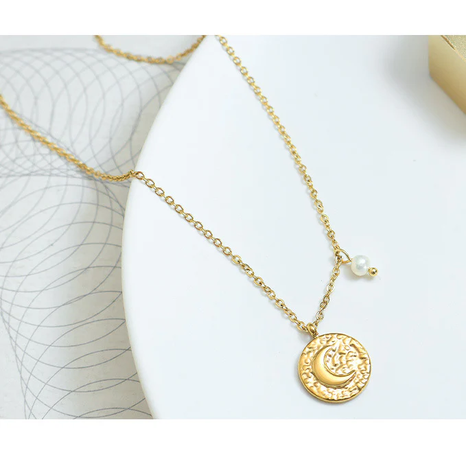 Coin Moon Pendant With Pearl Charm Necklace
