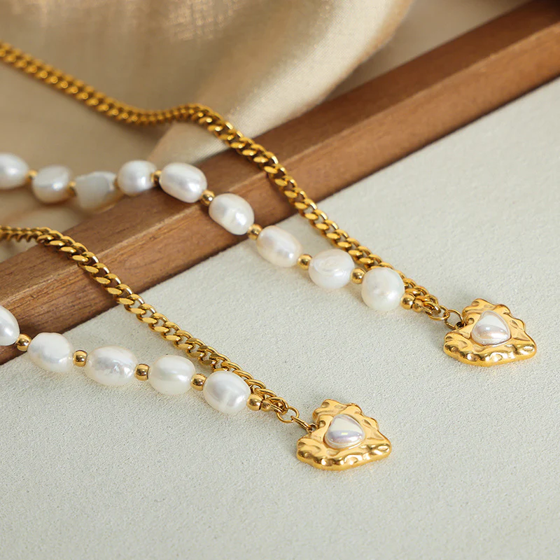 Half Gold Chain Half Freshwater Pearl Necklace With Heart Pendant