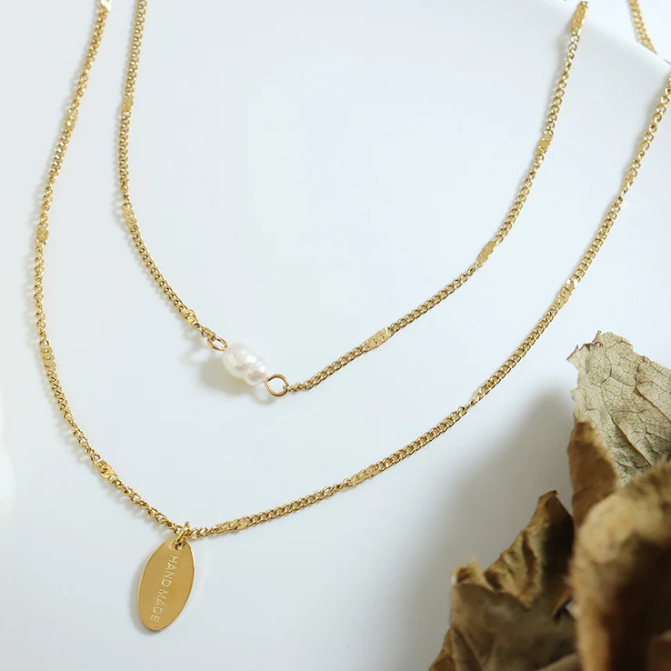 Oval Plate and Pearl Pendant Stacked Two Layered Necklace