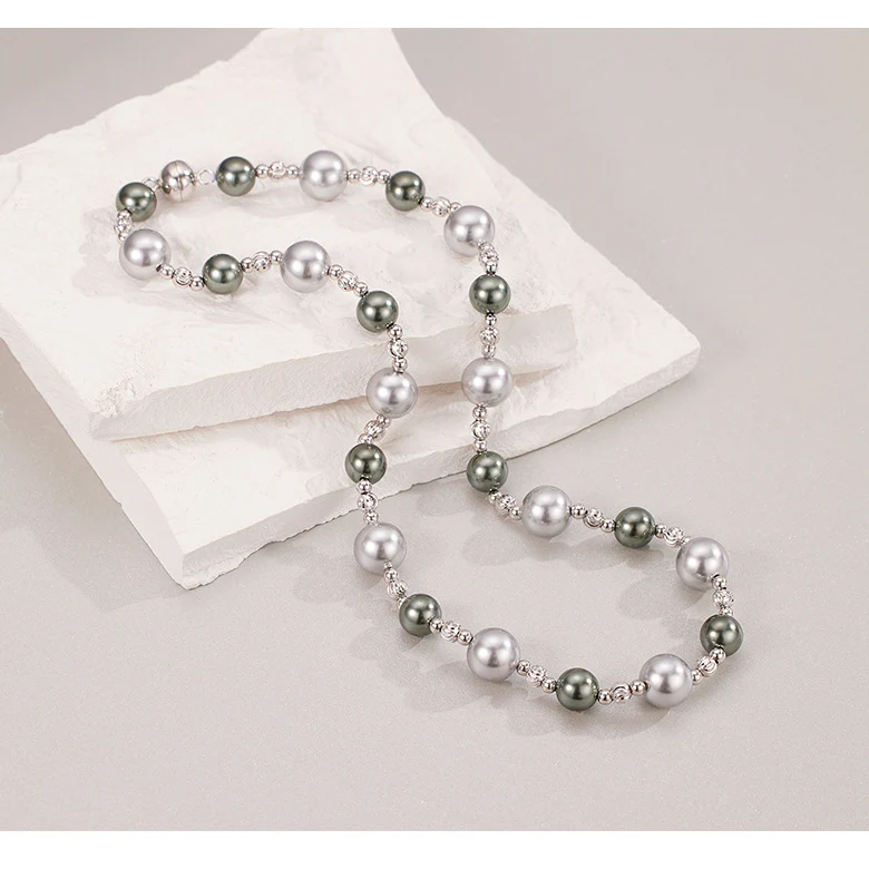 Magnetic Closure Luxury Swarovski Grey Pearl Necklace
