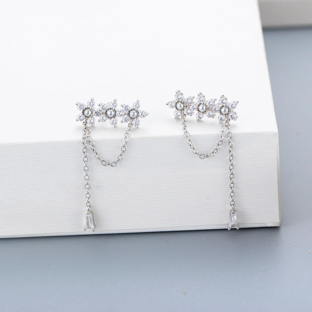Pearl Earrings Flower Zircon Tassel