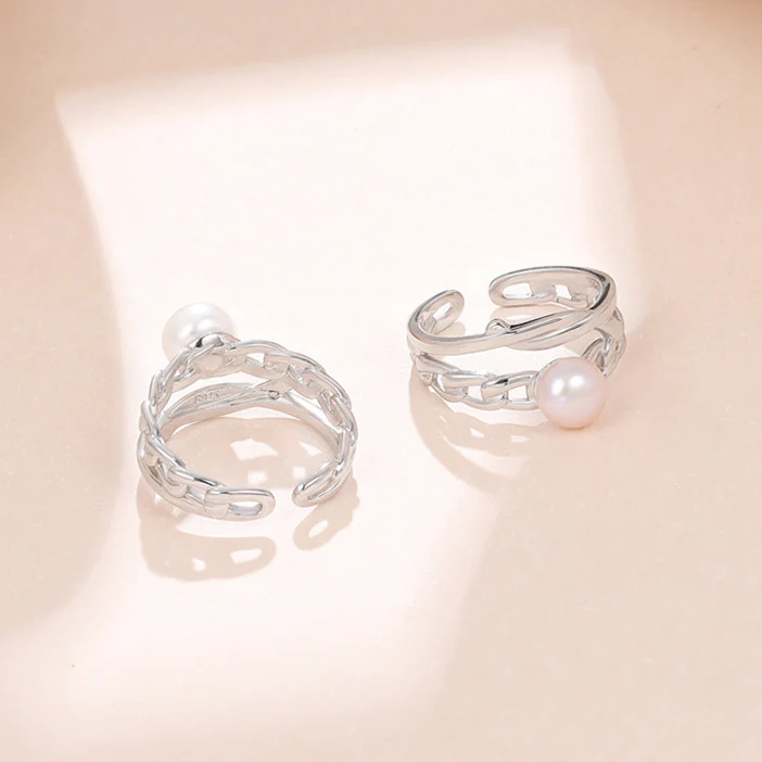 Silver Hollow Wide Band Pearl Ring