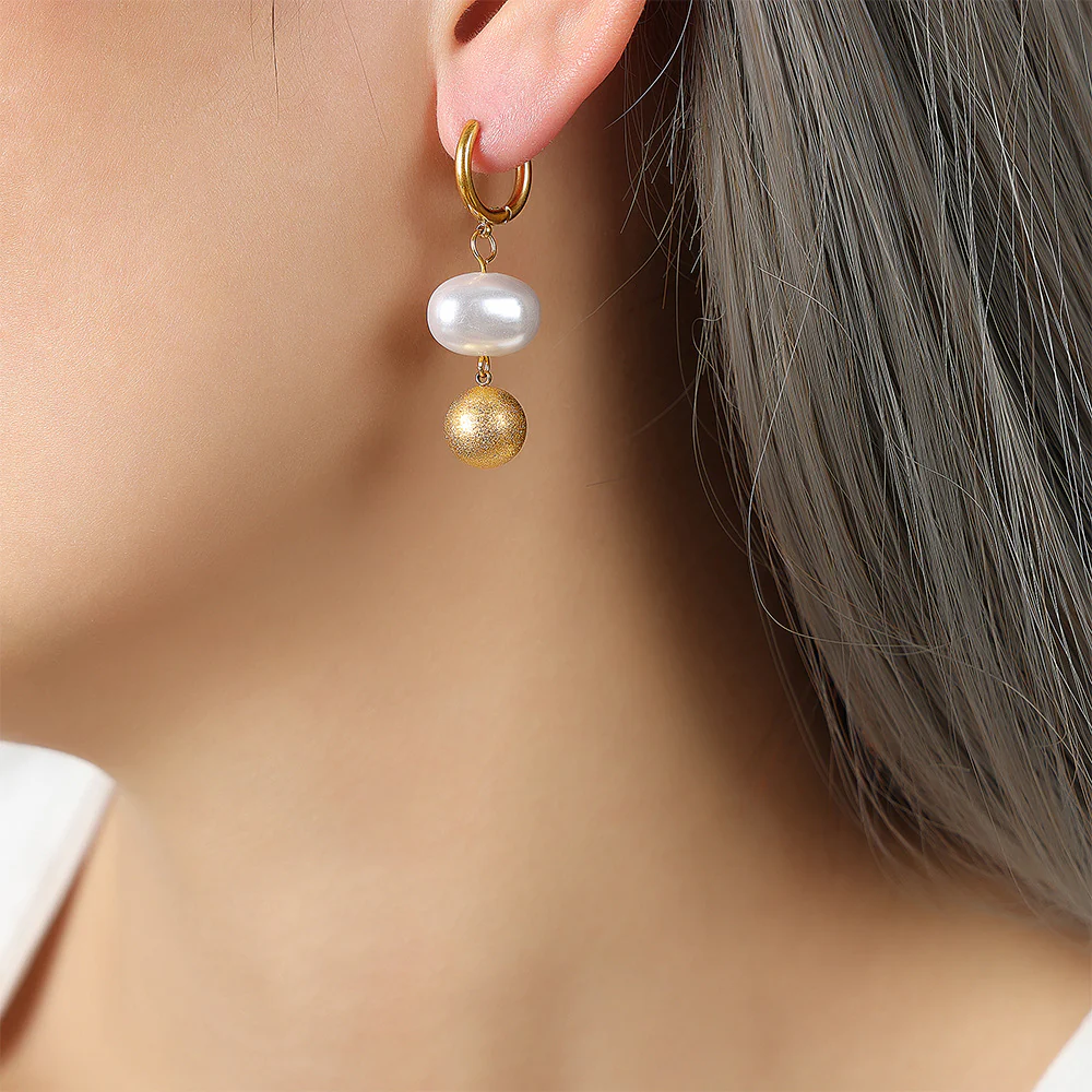 Frosted Gold Bead and Pearl Earrings