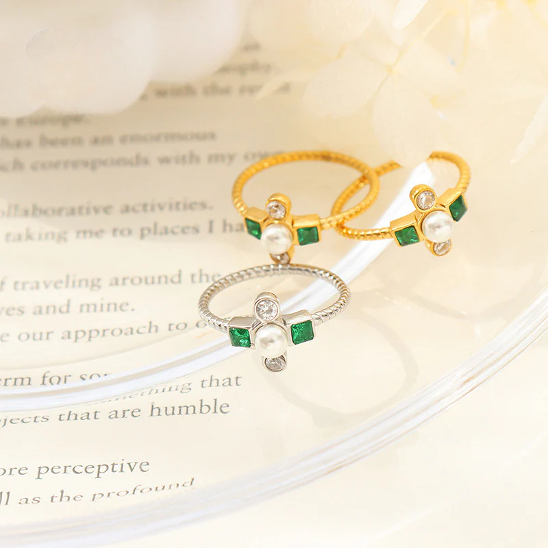 Emerald Zircon and Pearl Cross Ring