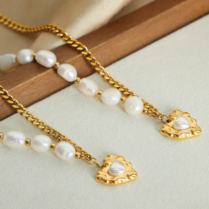 Half Gold Chain Half Freshwater Pearl Necklace With Heart Pendant