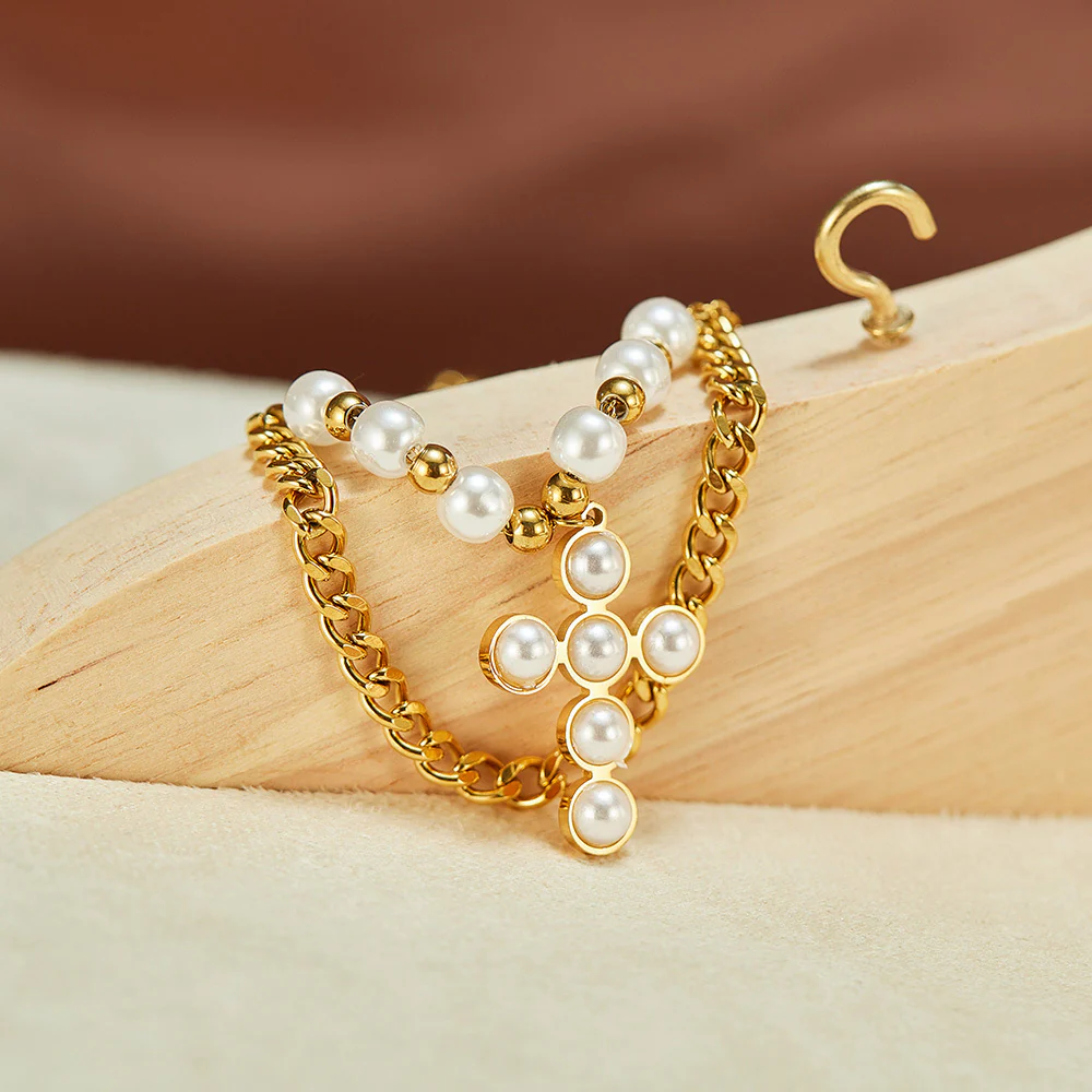 Two Layer Stacked Pearl Cross Pendant Necklace