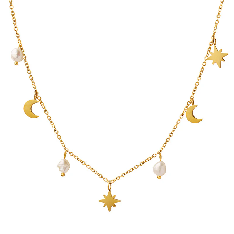 North Star Moon Pearl Necklace With Charms
