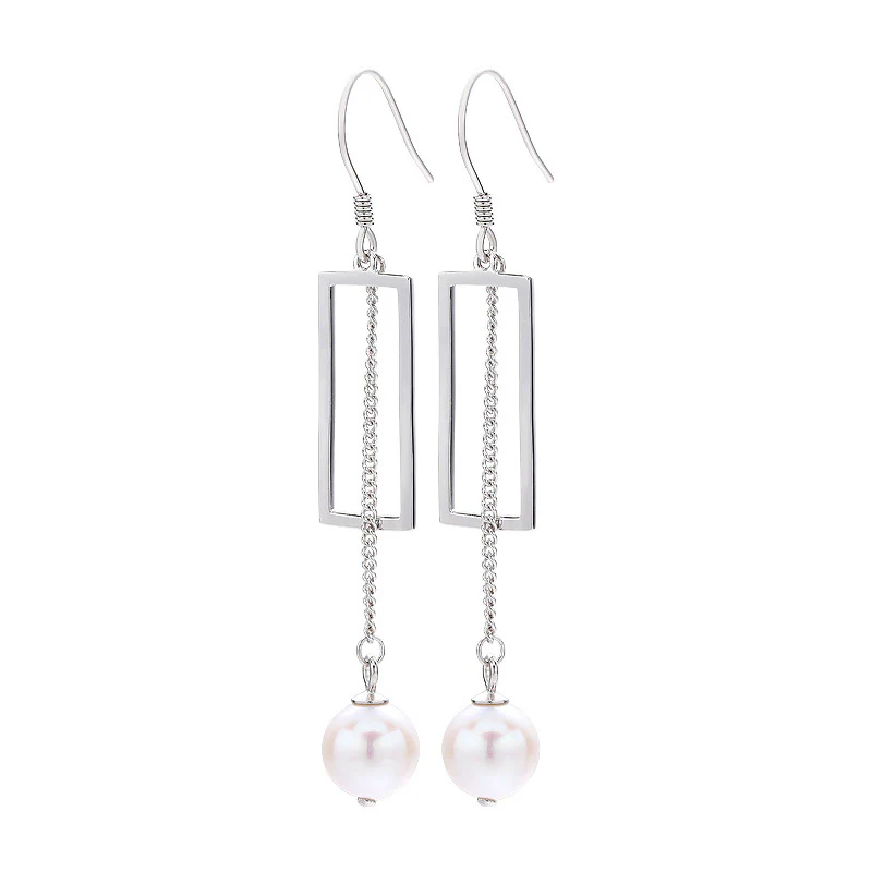 S925 Silver Geometric Tassel Pearl Dangle Earrings