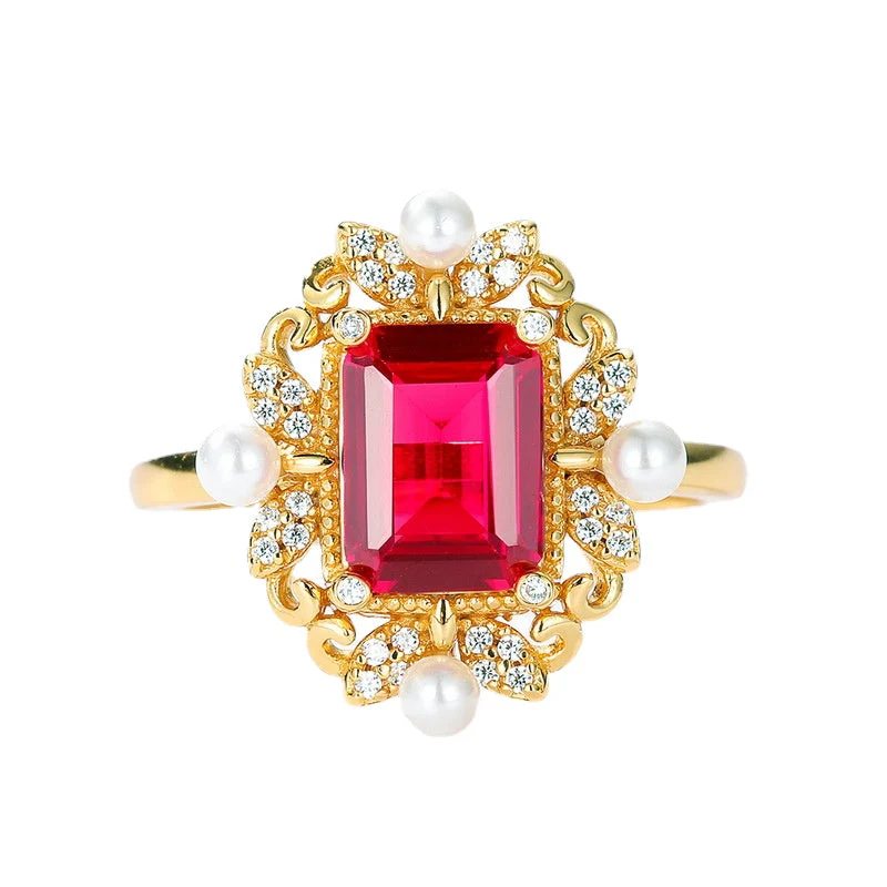 Retro Court Style Ruby and Pearl Ring