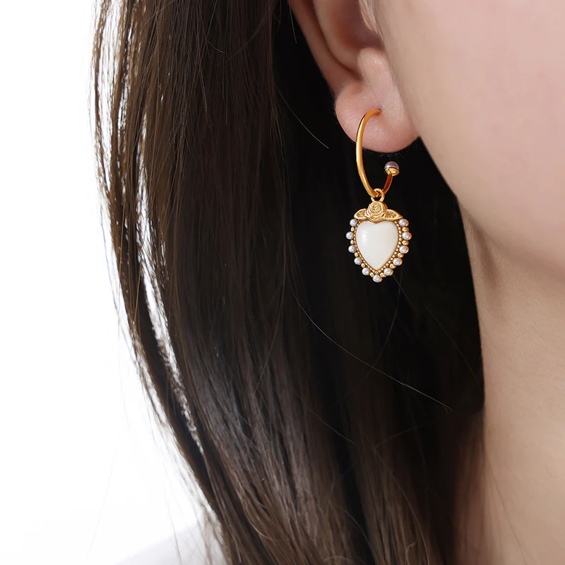 Rose and Pearls Adorned Heart Earrings