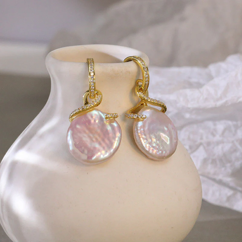 Zircon And Pink Flat Pearl Earrings