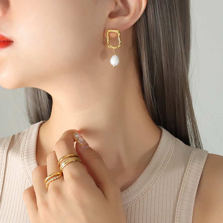 Debossed Gold Rectangle Pearl Drop Earrings