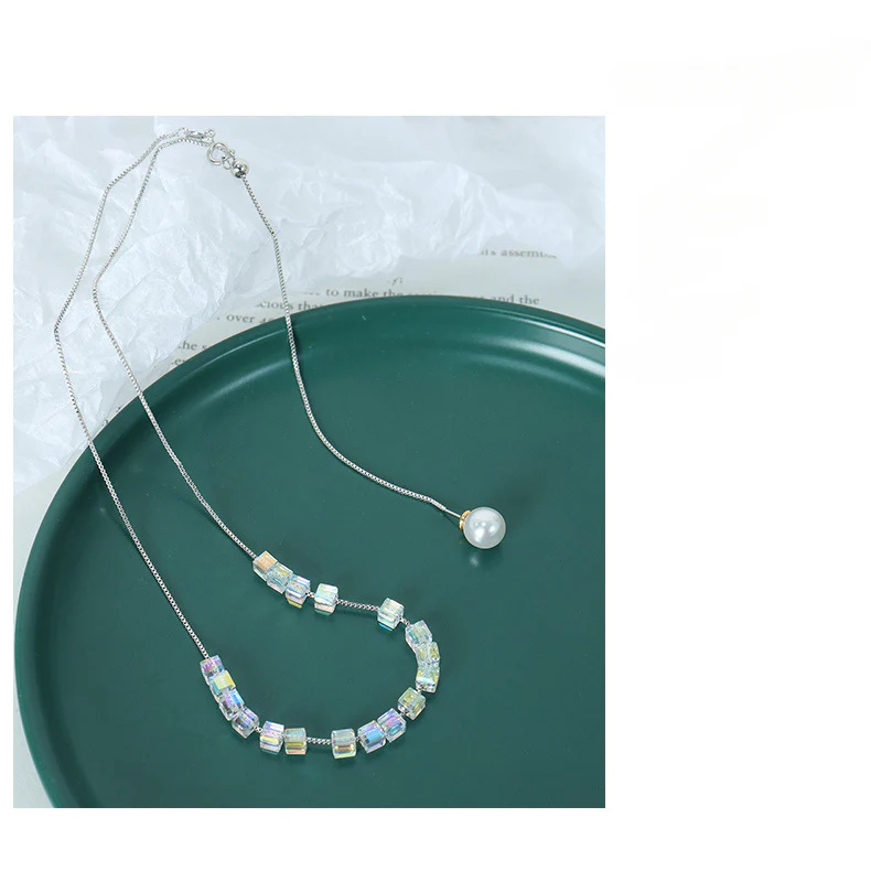 Adjustable Crystal Cube Pearl Drop Necklace