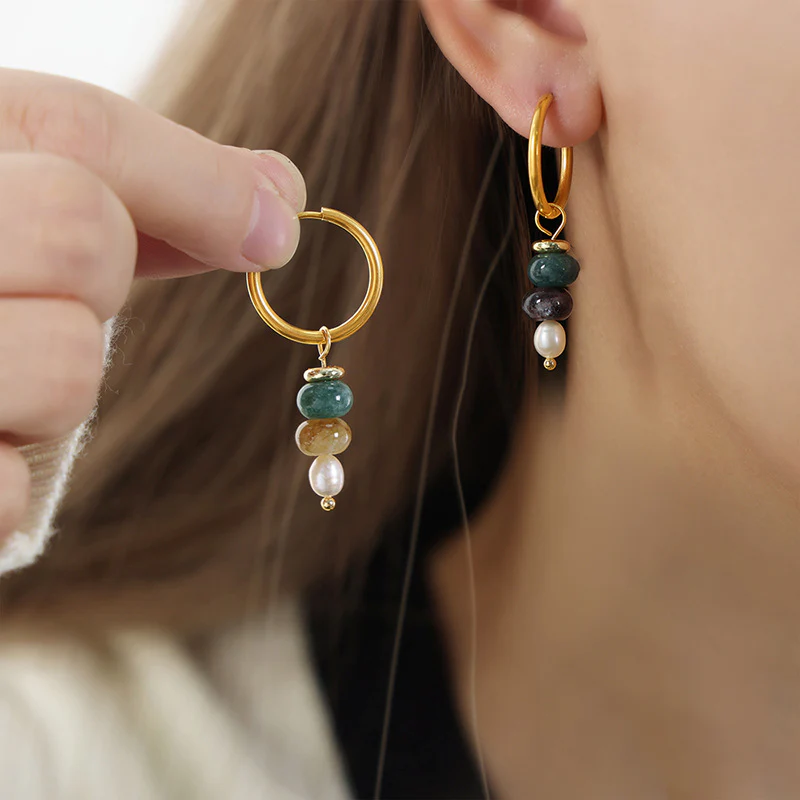 Circle With Natural Stone Pearl Drop Earring