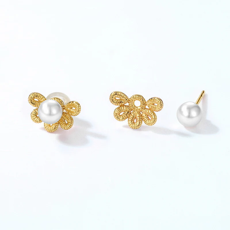2 Wear Ways Hollow Flower Pearl Stud Earrings