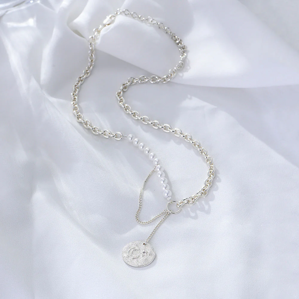 Pearl Necklace Embossed Coin Pendant