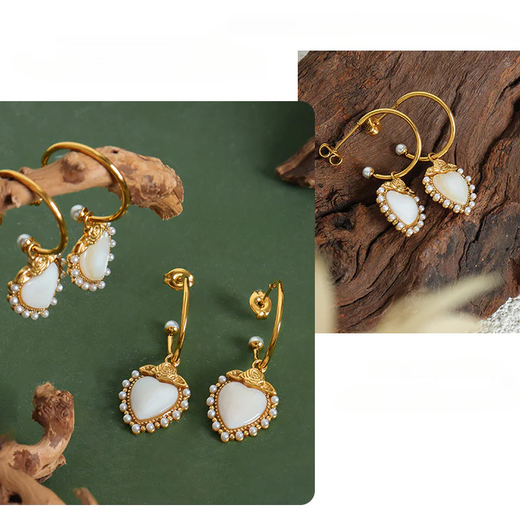 Rose and Pearls Adorned Heart Earrings